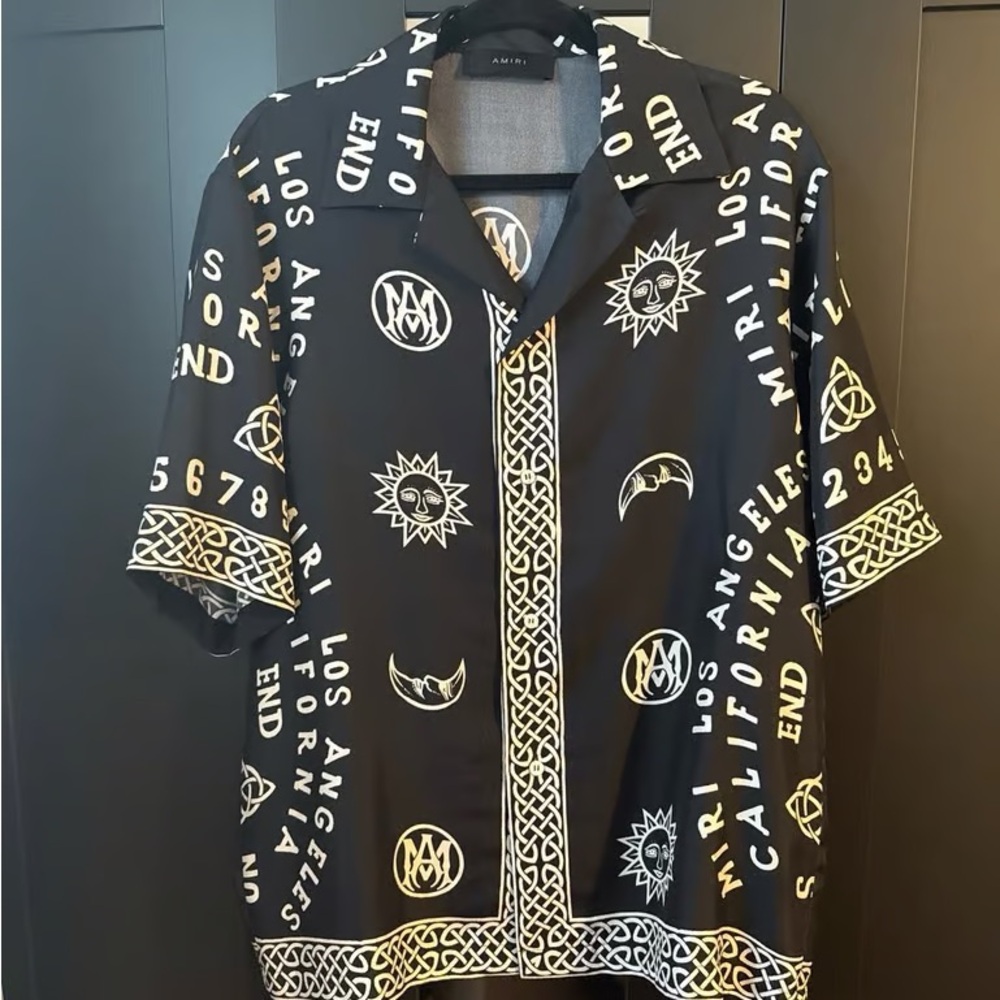 AMIRI Black Short-Sleeve Button-Down Shirt with White Graphic Print